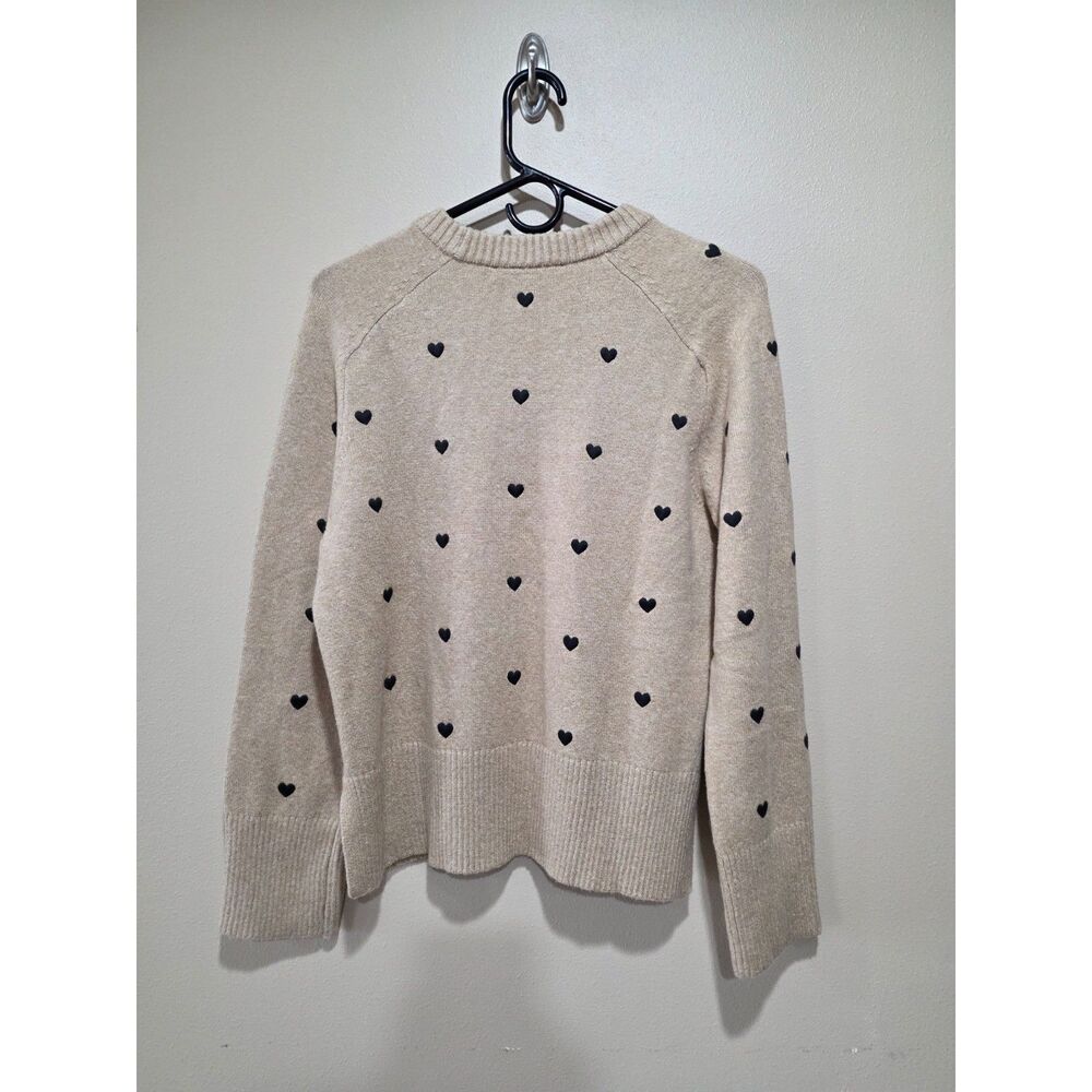 LOFT Heart Print Sweater Medium Beige Black Hearts Cozy Cottagecore Knit - Picture 3 of 8